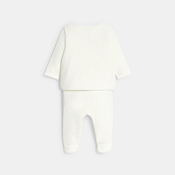 طقم نوم مخملي أبيض اللون للفتيان الرضع، مع صدرية بدون أكمام من قماش البوا الناعم